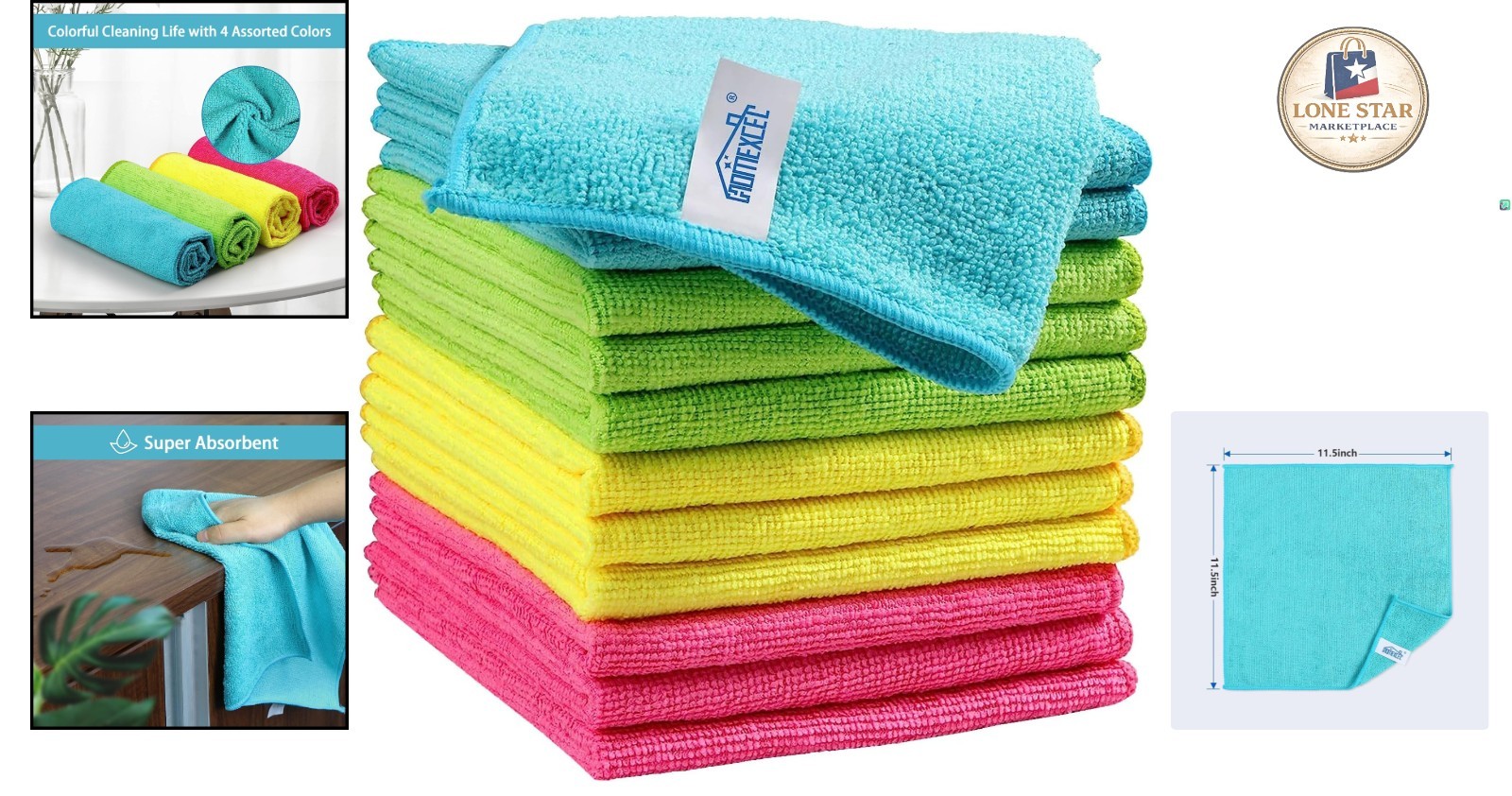 11.5″ x 11.5″ Microfiber Cleaning Cloths – Reusable, 12 Pack, Streak-Free & Soft