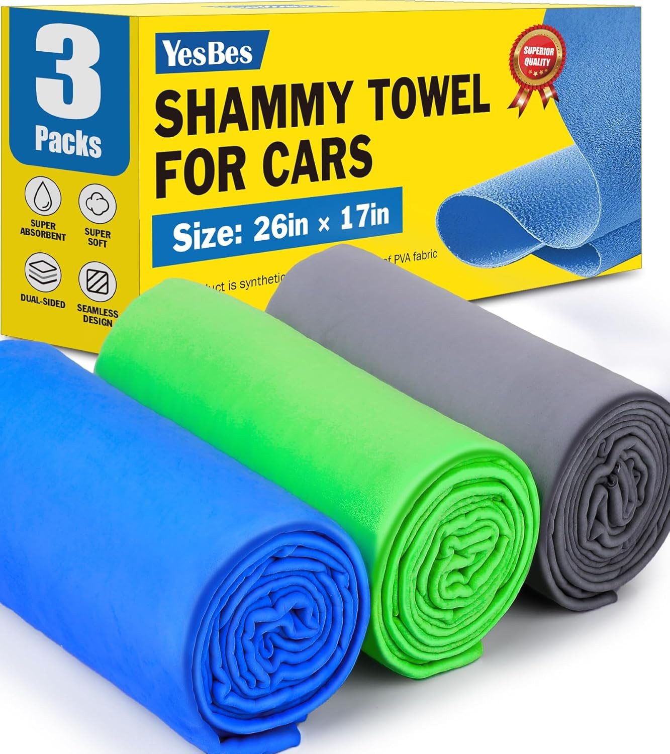 3 Pack Premium Shammy Cloth for Car Drying, 26�X17� Chamois Towel for Car, Super