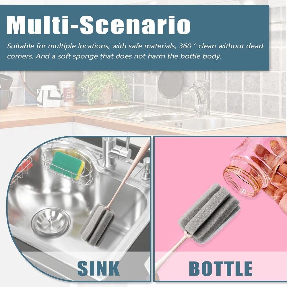 Long Handle Bottle Brush 2 Pack Wine Glass Cleaner Sponge Cup Cleaning Brush for