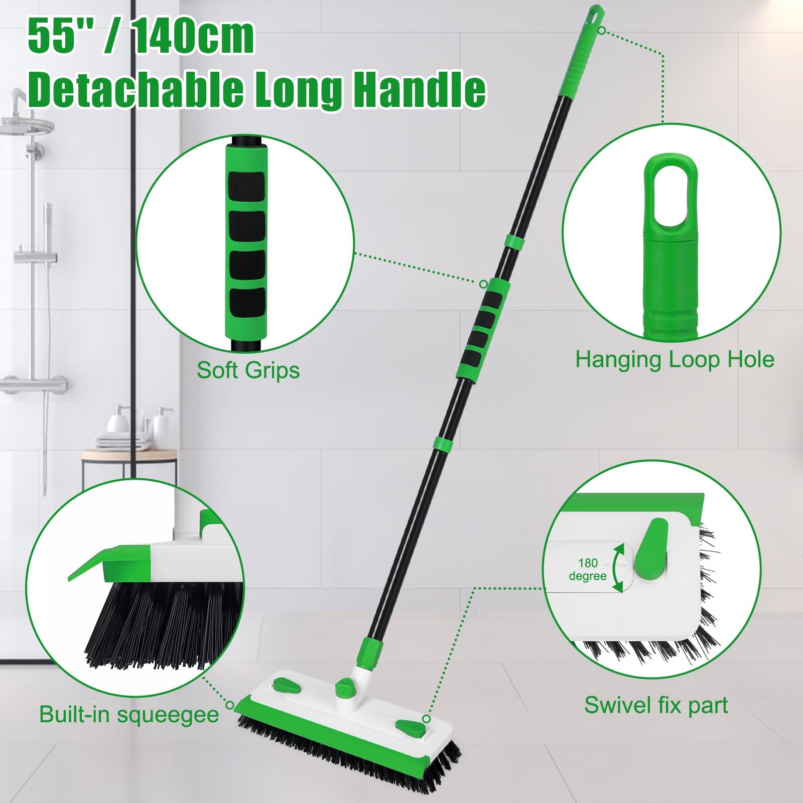 Floor Scrub Brush with Long Handle, 3-in-1 Scrape Scrubber Green