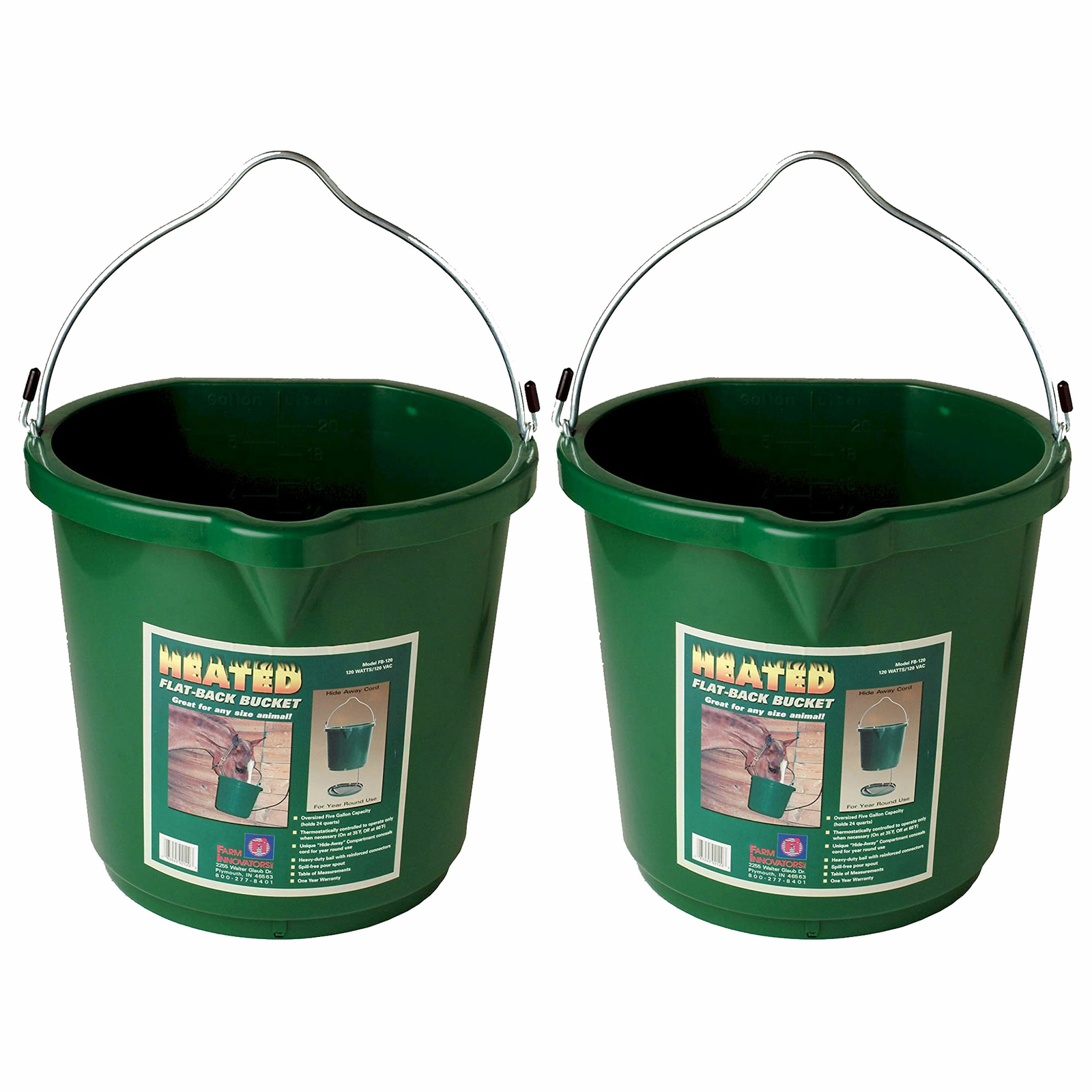 Farm Innovators Oversized 5 Gallon Plastic Flat Heated Bucket, 120 Watt (2 Pack)