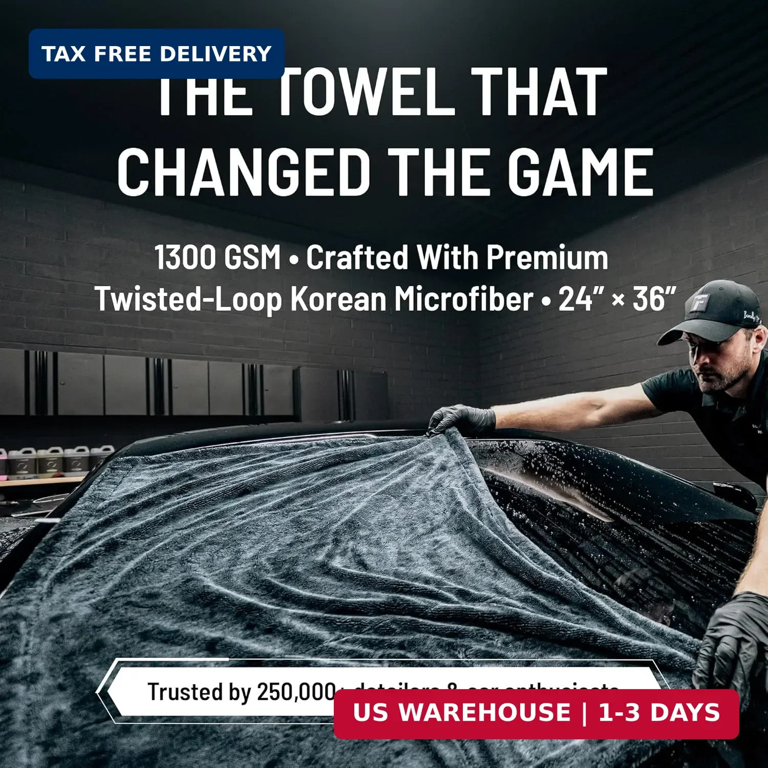 Blackline 24″x36″ Twisted-Loop Car Drying Towel, 1300GSM, Streak Free, Lint Free