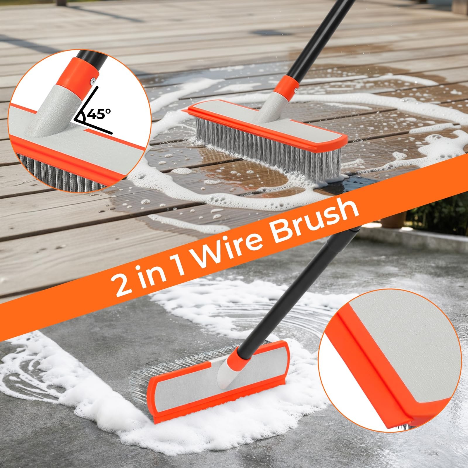 MAVRIZ Stainless Steel Concrete Brush with Long Handle – Heavy Duty Deck Brus.