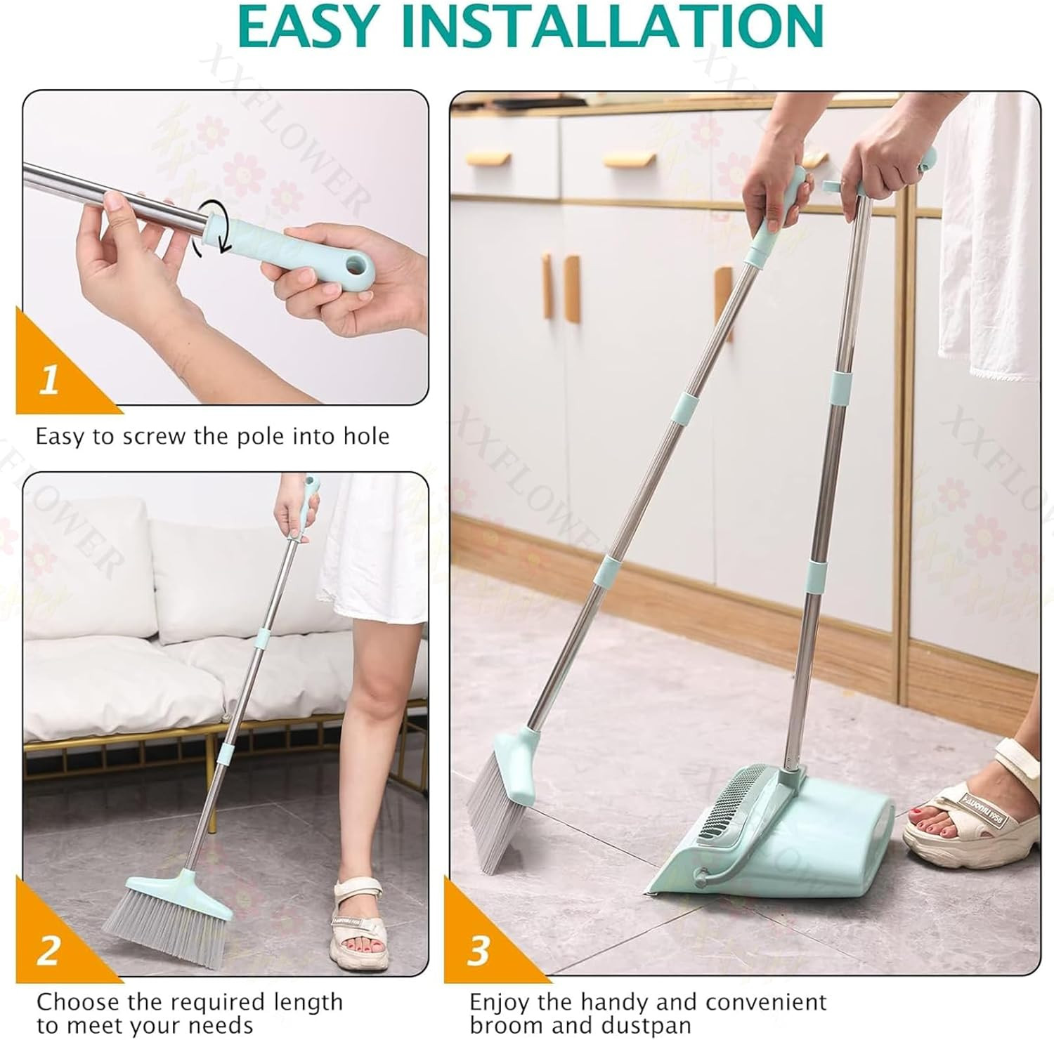 Broom and Dustpan Set with Cleaning Teeth, 54.5″ Long Handle Indoor Sweeping Com