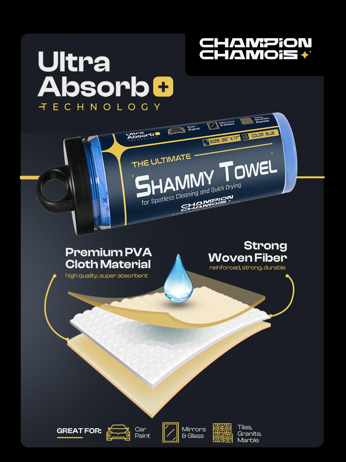 Blue 26×17 Inch Premium Large Shammy Towel Car Super Absorbent Chamois Cloth