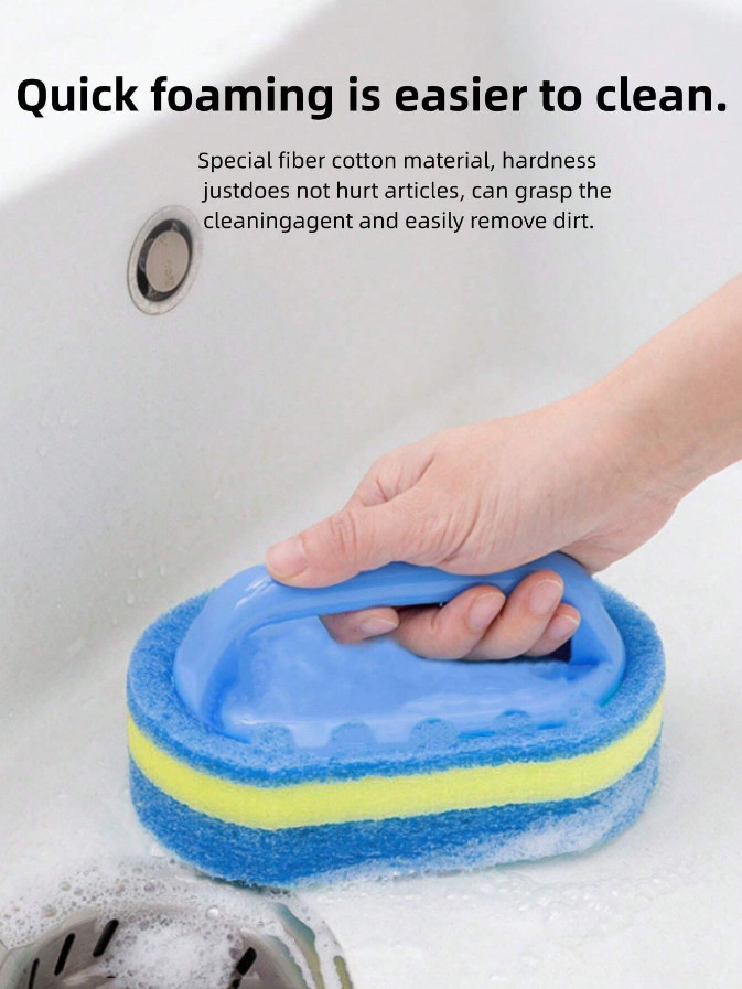 1pc, Thickened Sponge Cleaning Brush With Handle, Bath And Tile Scrub Brush, NEW