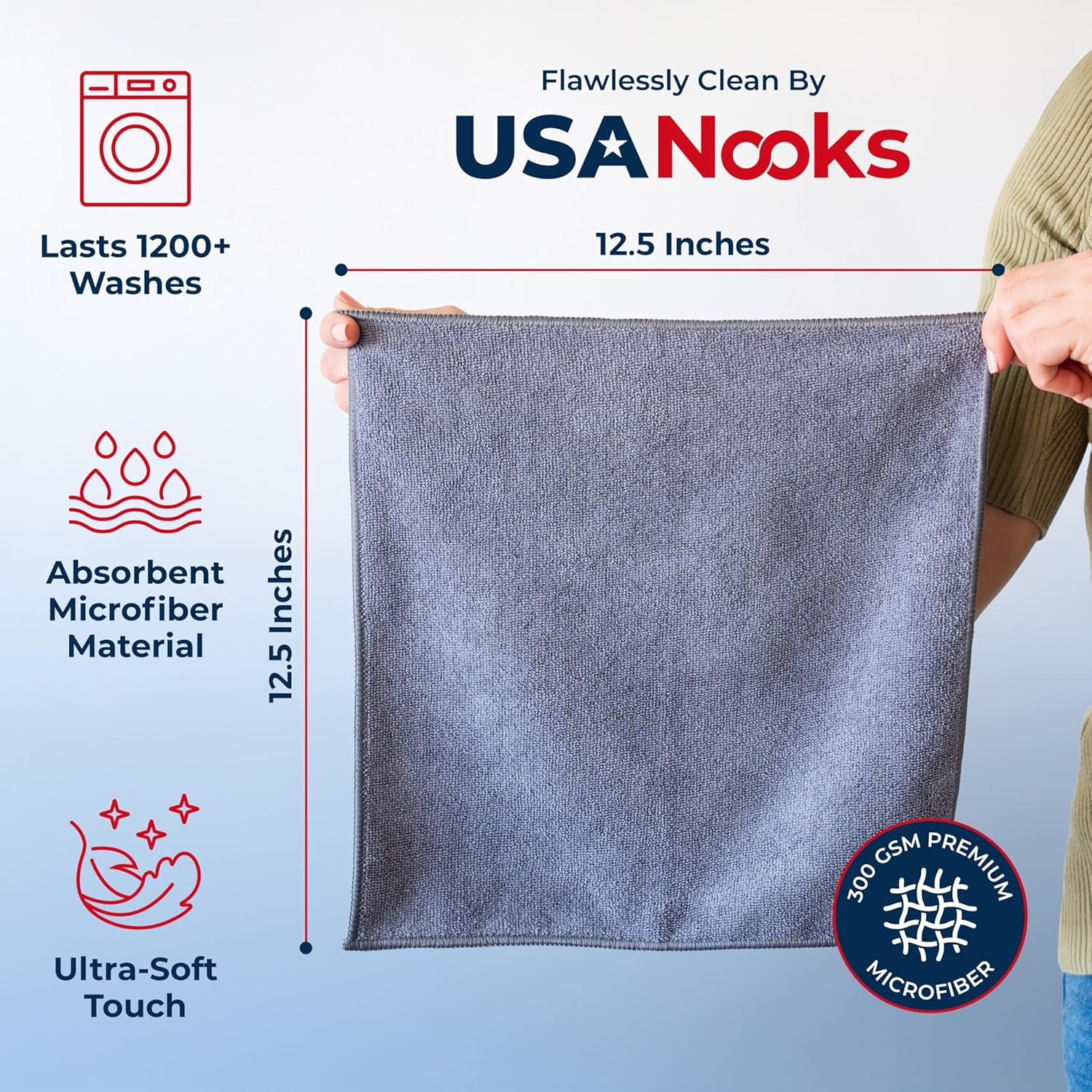 USANOOKS Microfiber Cleaning Cloth Grey – 12 Pcs (12.5″X12.5″) – High Performanc