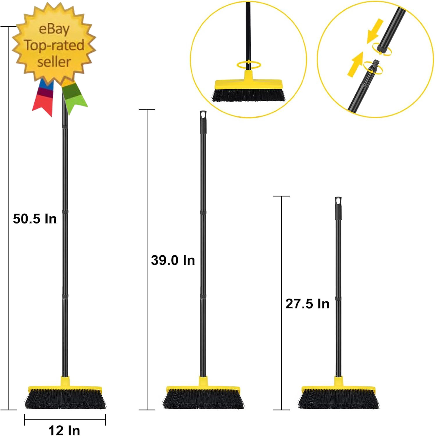 Push Broom Outdoor Indoor Broom 12″ Wide,50″ Long Handle with Stiff Bristles