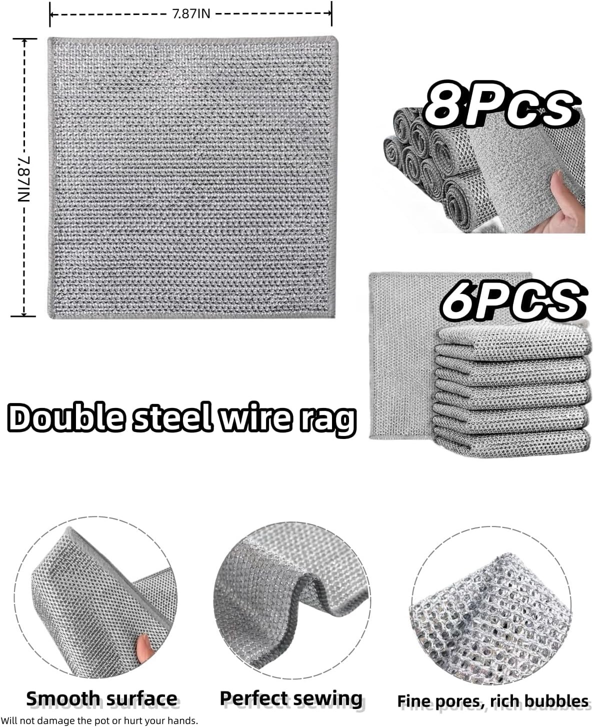 6 pcs Reusable Non-Scratch Steel Wool Dishcloths Multipurpose Kitchen Scrub Pads