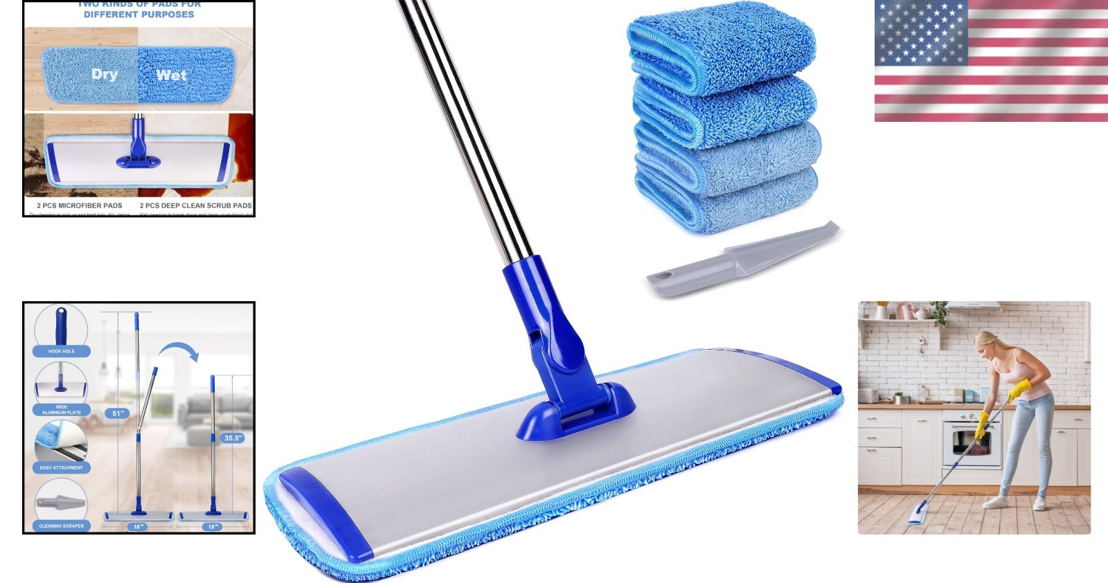 18″ Professional Microfiber Mop with Adjustable Stainless Steel Handle & 4 Pads