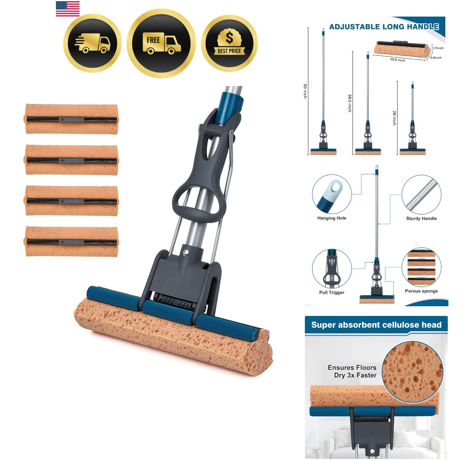 Sponge Mop for Floor Cleaning, 50″ Heavy Duty Roller Mop with 4 Cellulose Ref…