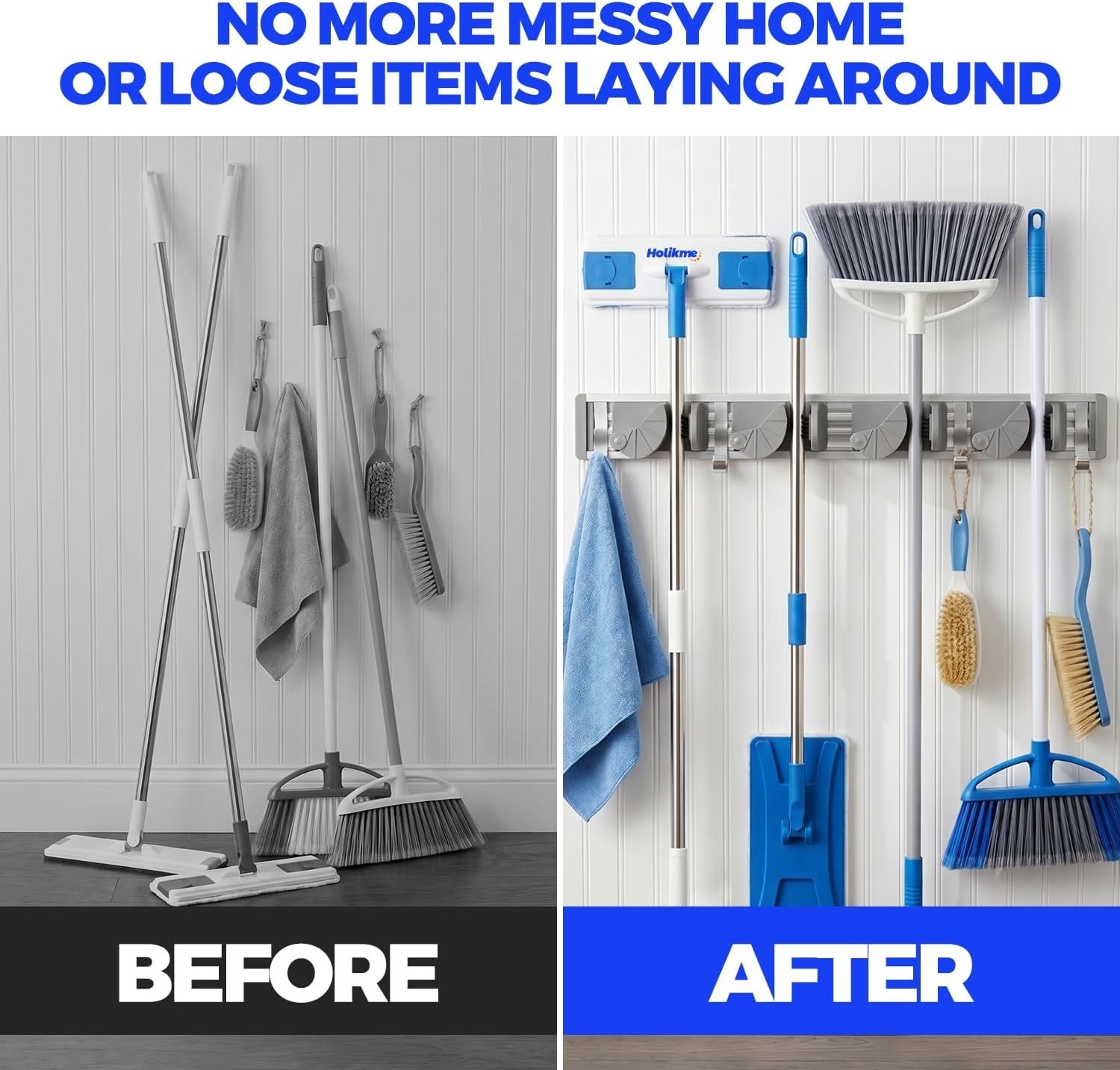 Holikme Mop Broom Holder Wall Mount 4 Hooks Metal Tool Organizer Garage Kitchen
