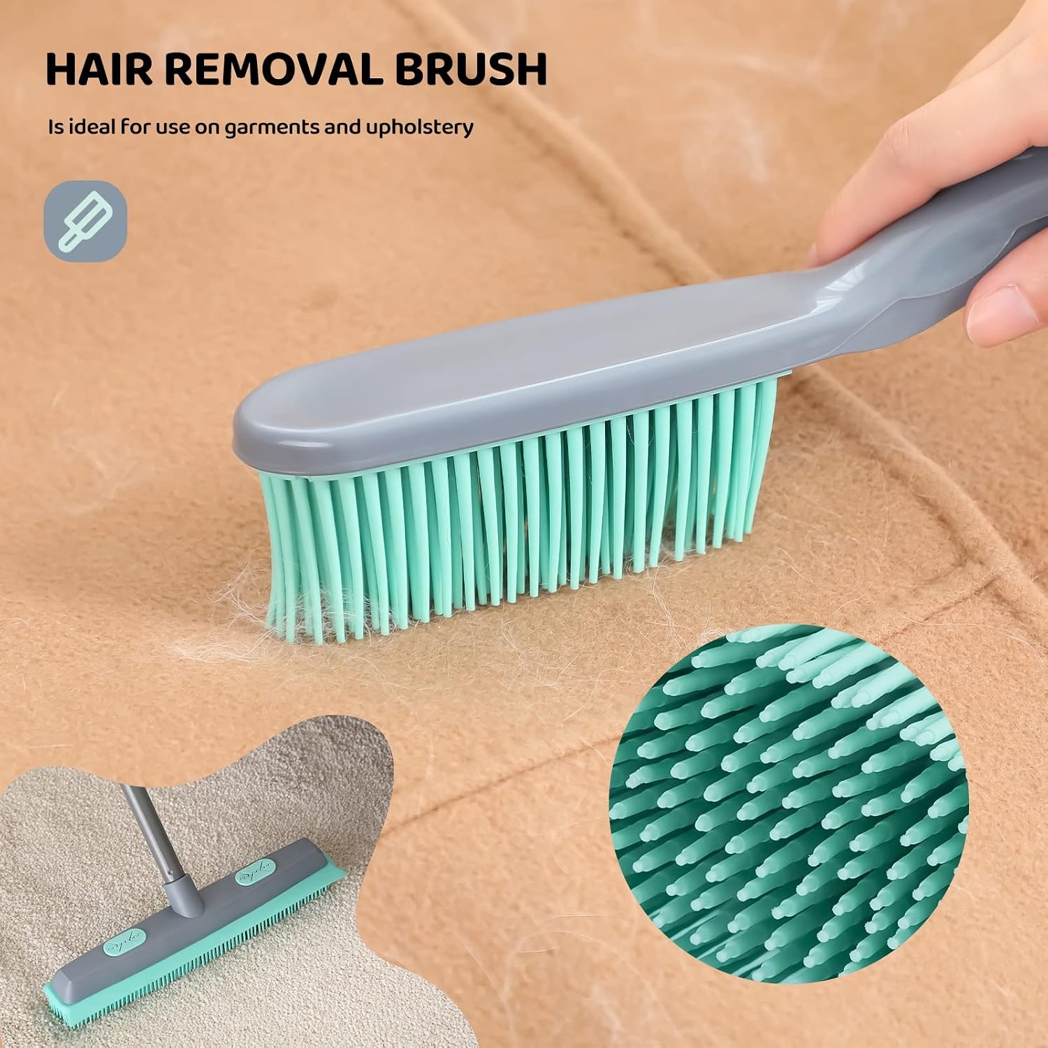 Rubber Broom Carpet Rake for Pet Hair, Fur Remover Broom with Squeegee, Portable