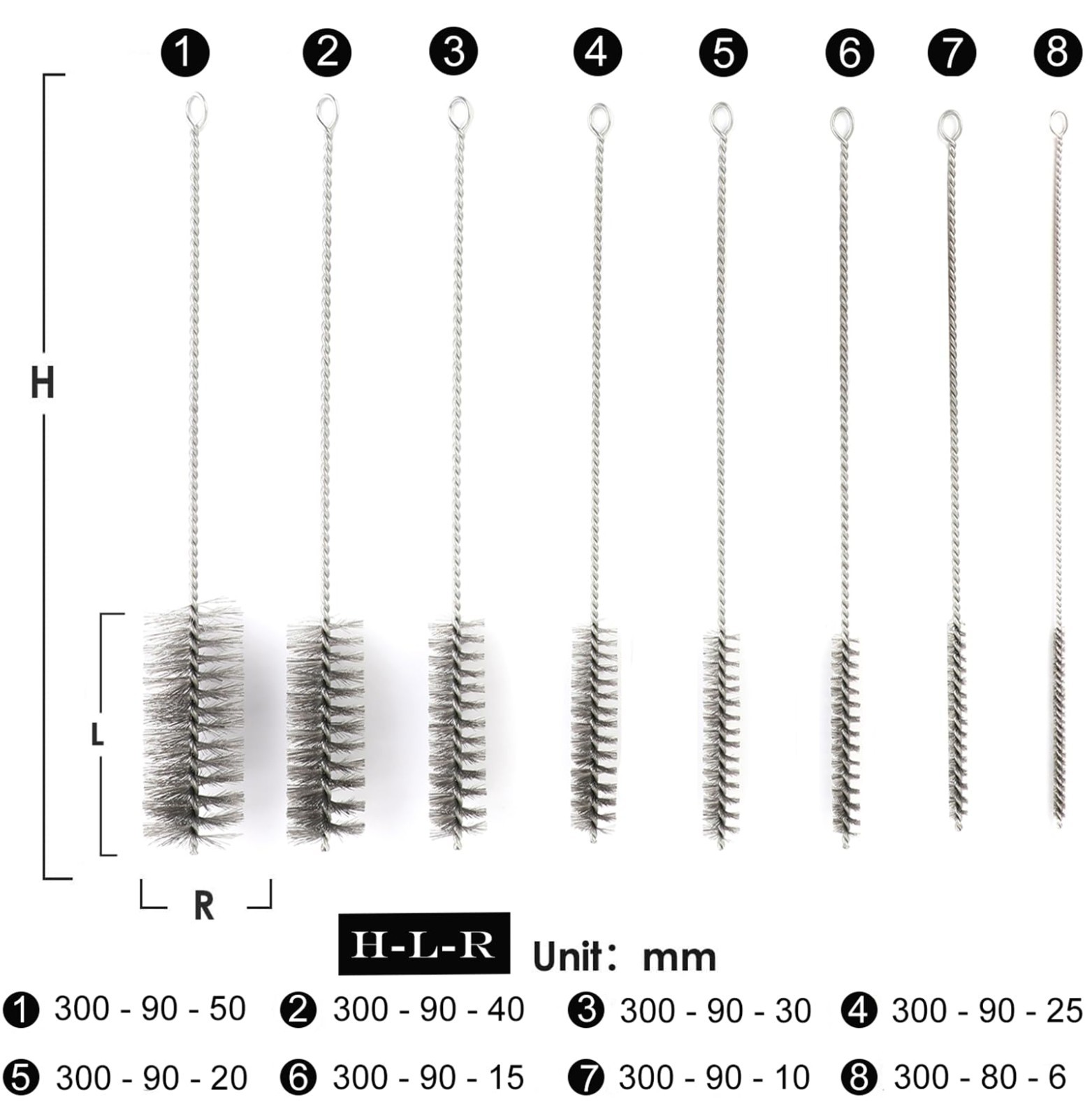 12″ Pipe Cleaning Brush Set – Stainless Steel Bristles, 8 Sizes for Bottles, Tub