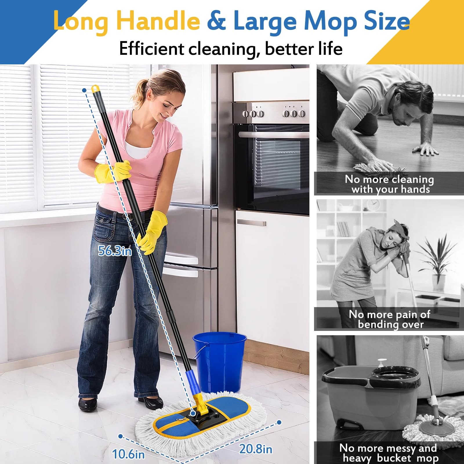 16 Inch Commercial Dust Mop for Floor Cleaning – Industrial Wet Dry Broom with 2