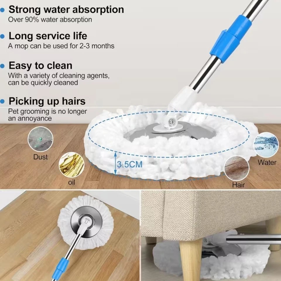 360° Spin Mop and Bucket with Wringer Set Spinning Mop System 3 Mop Refill