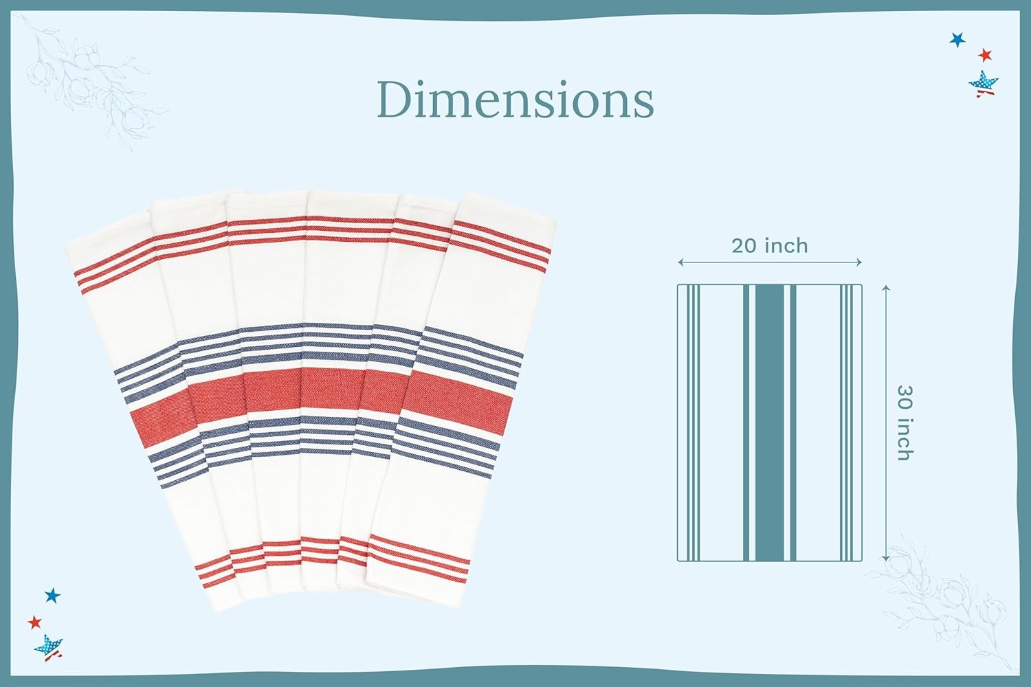 Red White and Blue Kitchen Towels – 6 Pack, 100% Cotton, 30″x20″, Striped