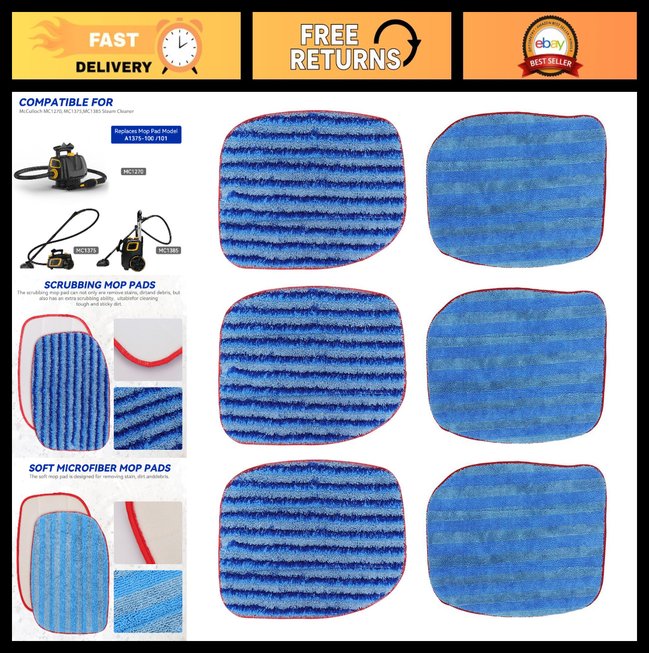 6 Pack Microfiber Steam Mop Pads – Reusable & Washable Replacement for MC1375, M