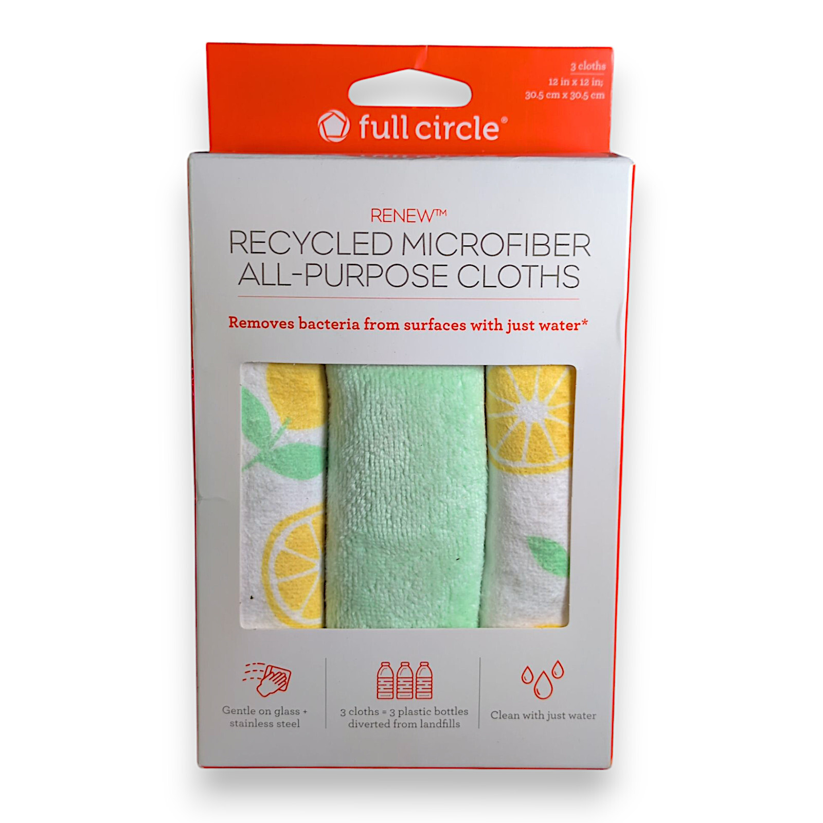 Full Circle Home Microfiber Cloths Renew Set of 3, Tea Towels, Citrus, 12x12in