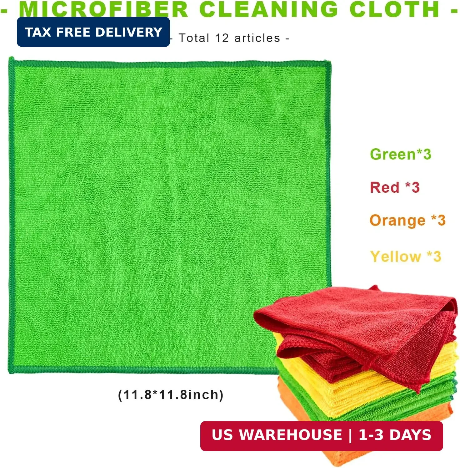 12PCS Microfiber Cleaning Cloths, 12″×12″ Soft Absorbent Streak-Free Car Drying