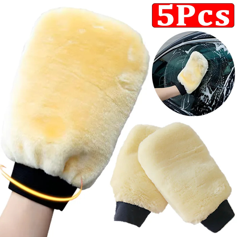 1/5Pcs Double-Sided Plush Car Wash Gloves Soft Thickened Imitation Wool Wiping C