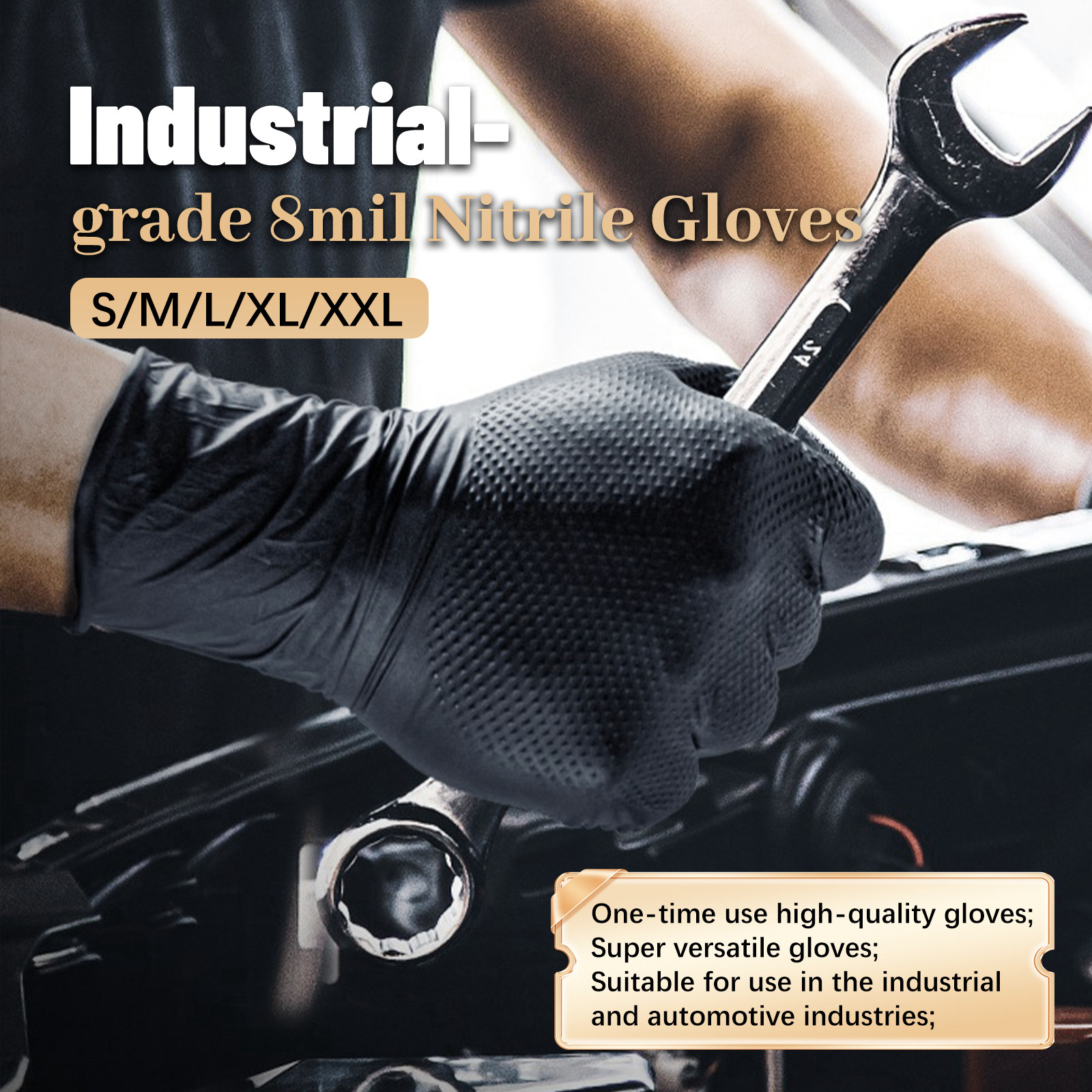 Heavy Duty 8 Mil Black Nitrile Disposable Gloves Raised Diamond Texture