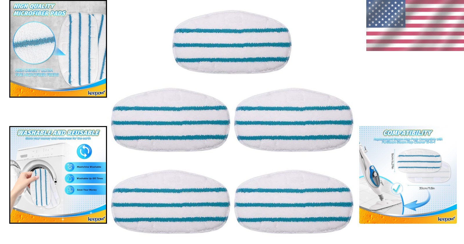 Durable & Washable Steam Mop Pads – Compatible with PurSteam 10-in-1 (5 Pack)
