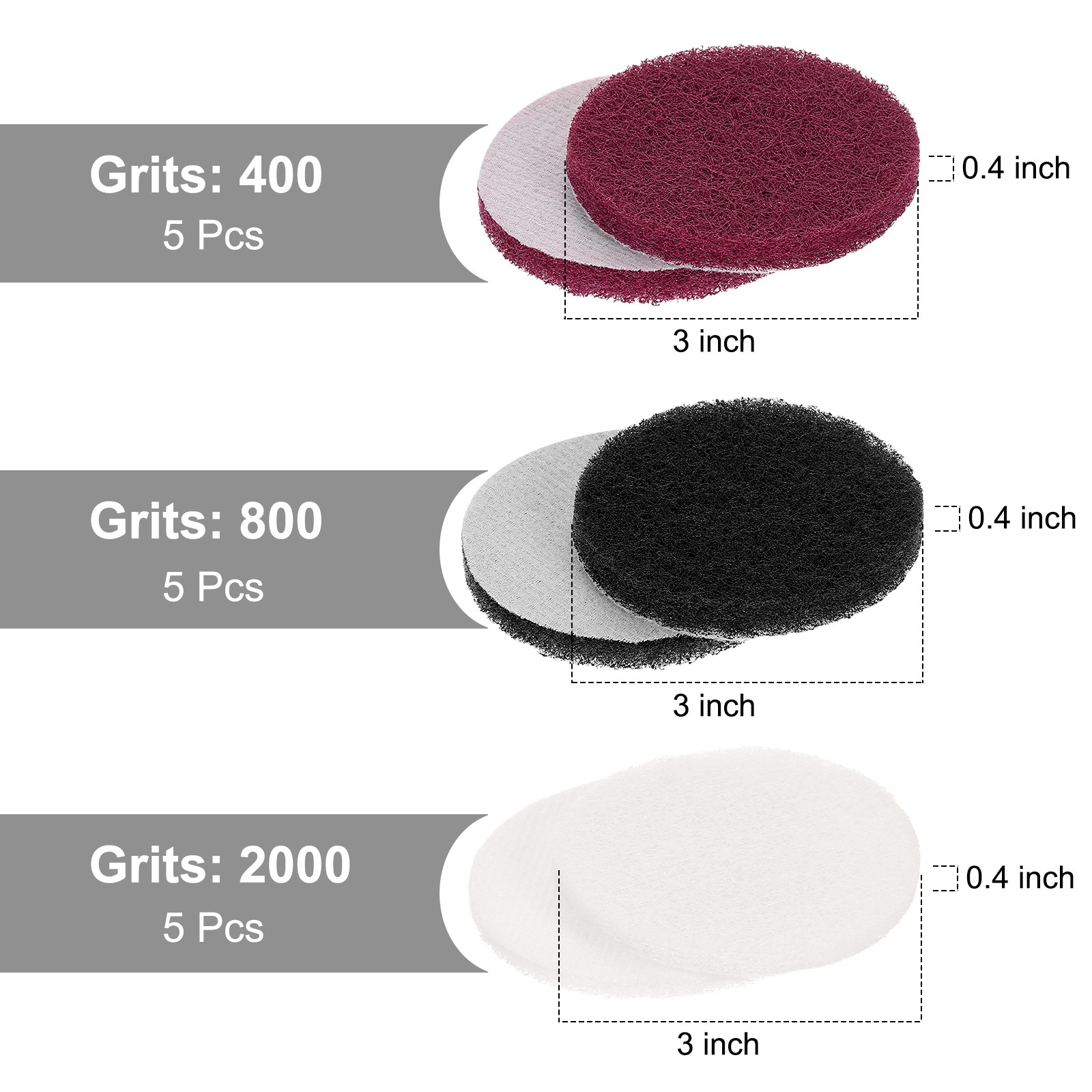 15Pcs 3 Inch Hoop Scrubbing Pad 400/800/2000 Grits Pads Red/Grey/White