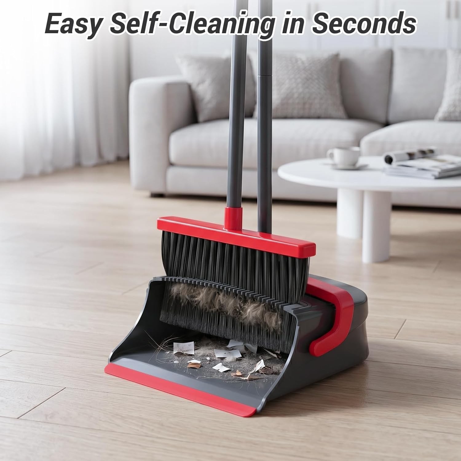 Broom with Dustpan Combo Set, Long Handle Upright Standing Self-Cleaning Broo…