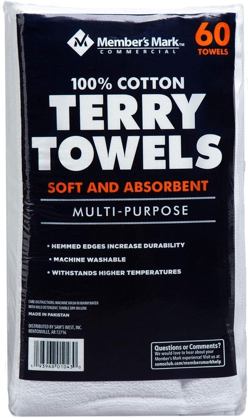 Member’s Mark 100% Cotton Terry Towels 14″x17″, 60 Count Bulk Pack