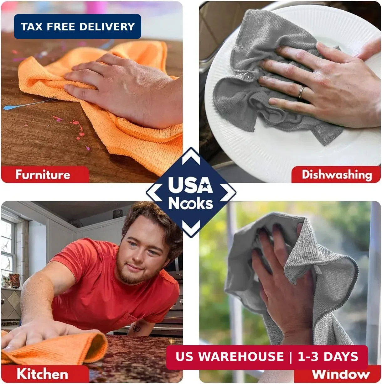 USANOOKS Microfiber Cleaning Cloth – 8 Pcs 12″x11″ – High Performance – 1200 Was
