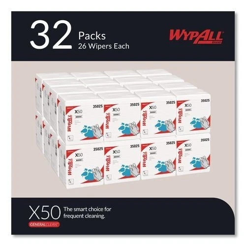 WypAll X50 Cloths, 1/4 Fold, 12.5 x 10, White, 26/Pack, 32 Packs/Carton