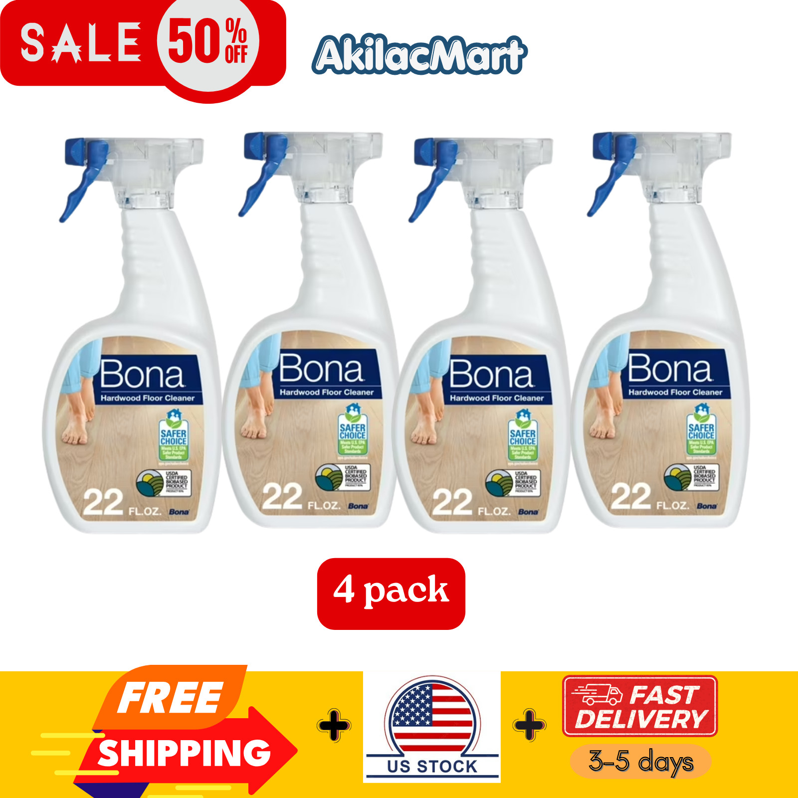 4 pack – Bona Hardwood Floor Cleaning Solution Spray, Unscented, 22 fl oz