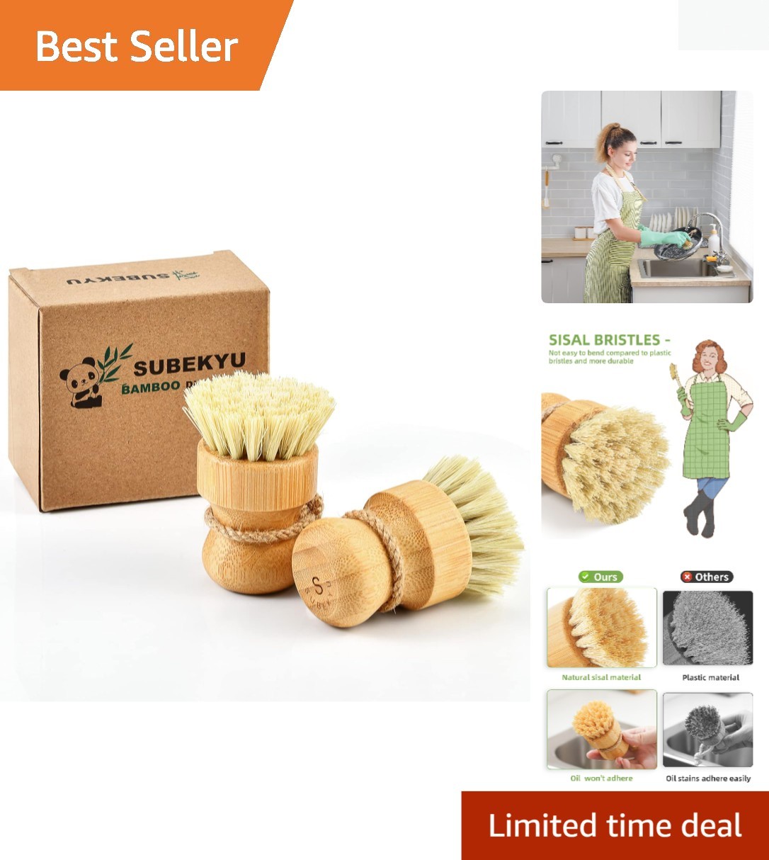 Stylish Bamboo Dish Scrub Brushes with Natural Sisal – Efficient Clean, Set of 2