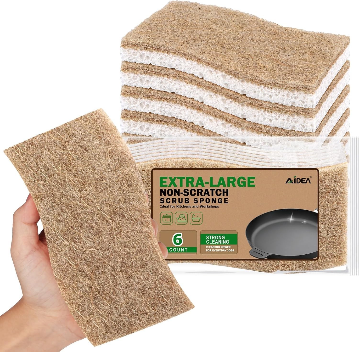 XL Non-Scratch Scrub Sponges – 6 Count Eco-Friendly Cellulose Kitchen Cleaning