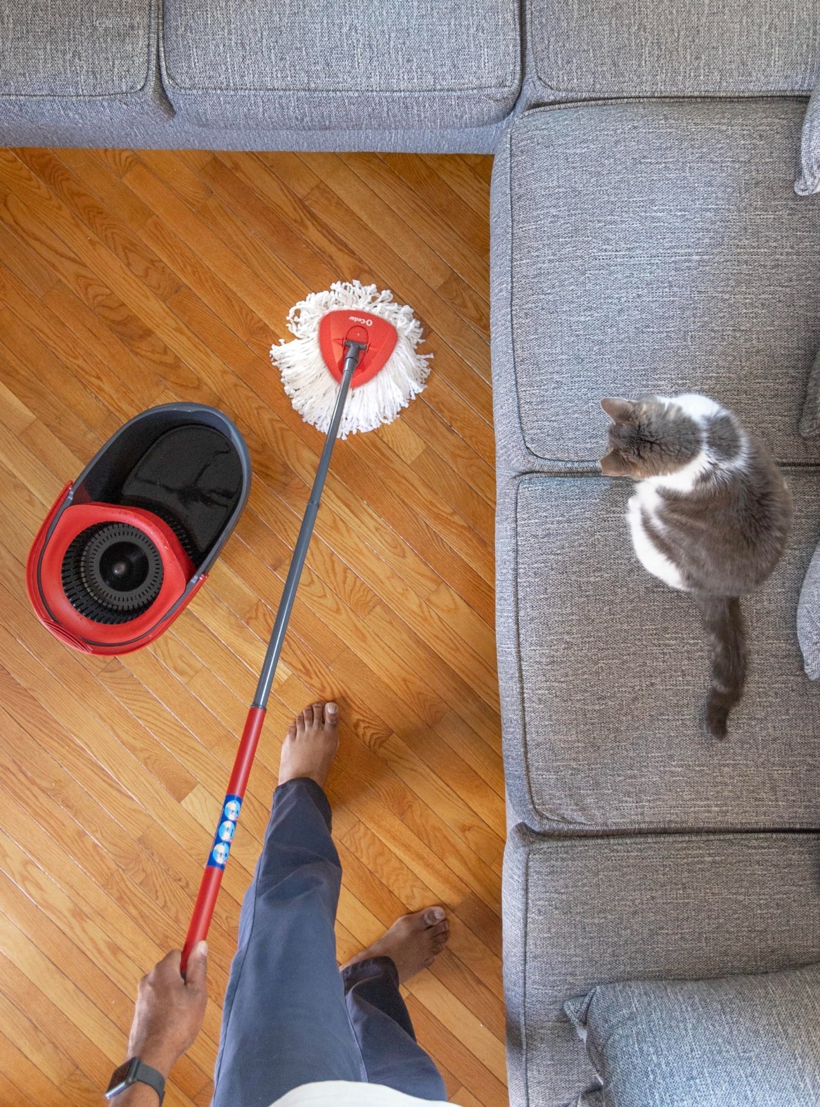 Microfiber Spin Mop & Bucket Floor Cleaning System + 2 Extra Refills, Red/Gray