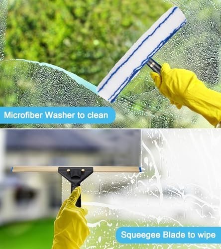 Window Cleaning Kit – 50″ Extension Pole, 8-in-1 Squeegee, Flexible Head, Bucket