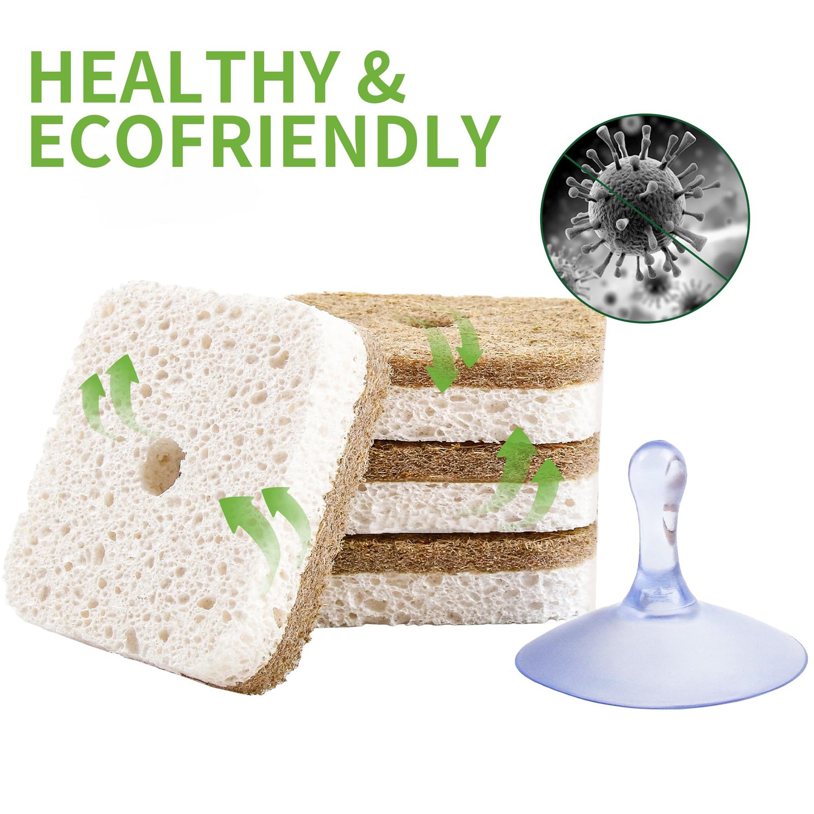 12Pack Natural Kitchen Scrub Dish Sponge with Suction Hanger Biodegradable Co…