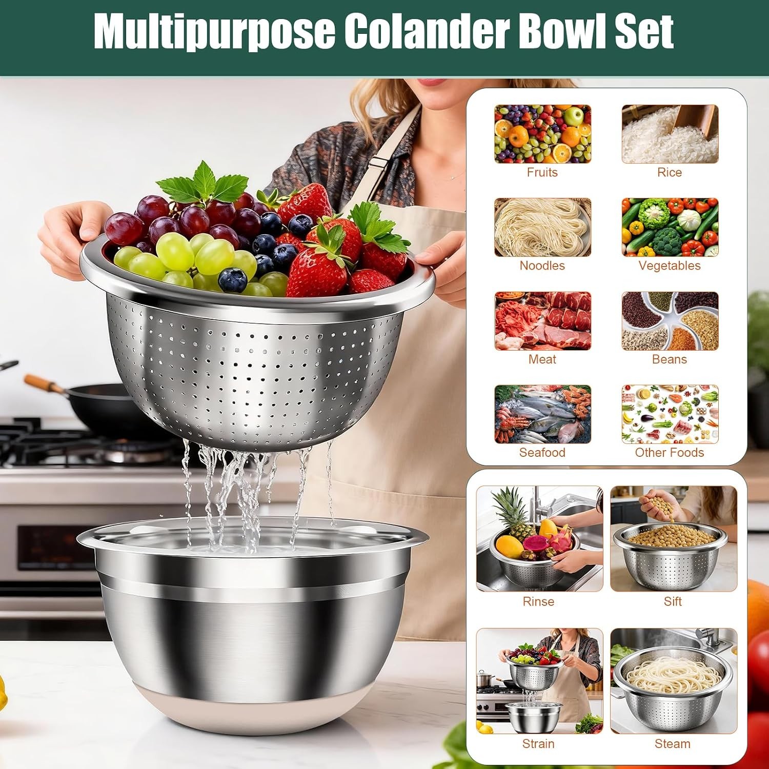 Stainless Steel 4 Bowl Set with Lids Silicone Bases Plus Grater Egg Separator