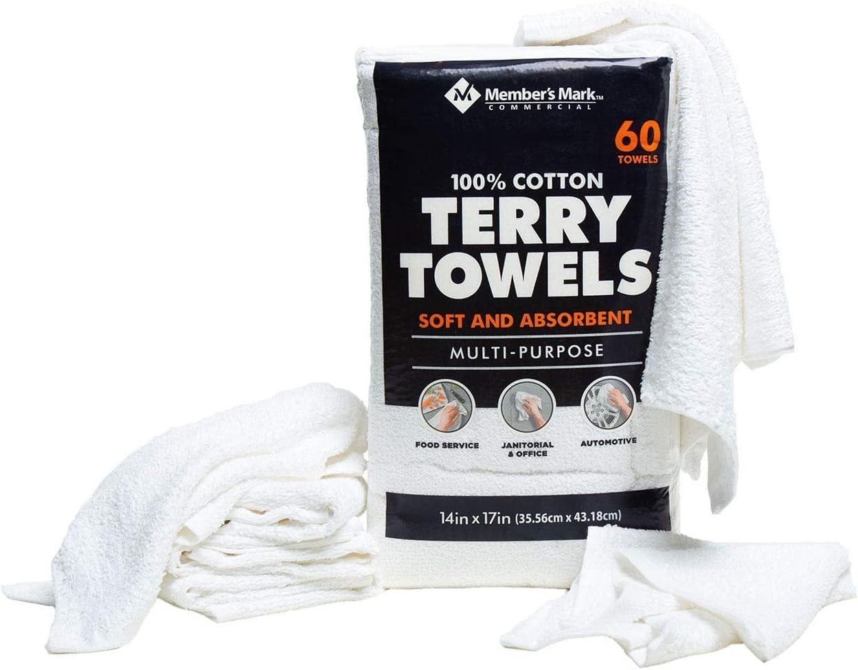 Member’s Mark 100% Cotton Terry Towels 14″x17″, 60 Count Bulk Pack