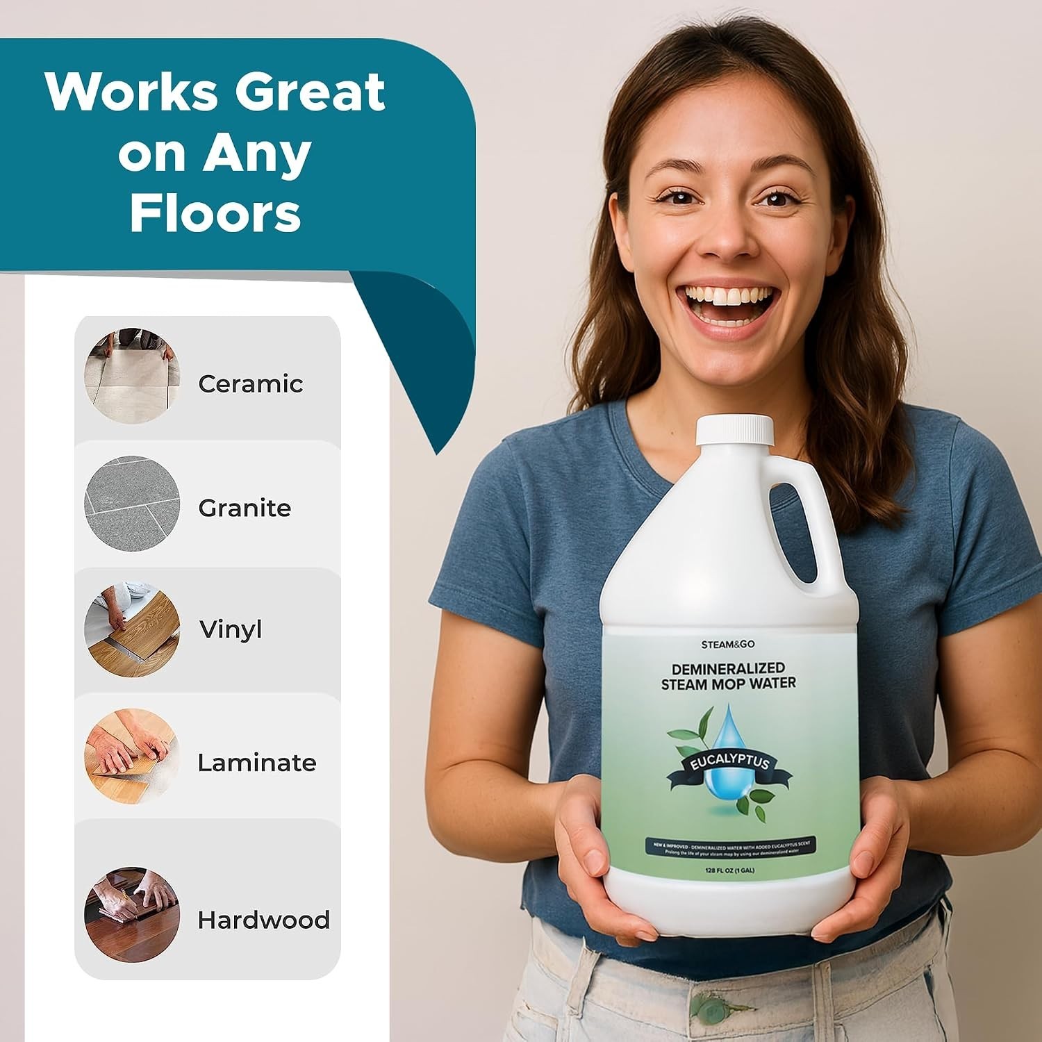 Eco-Friendly 128 oz Steam Mop Water – Eucalyptus Mint Scent, No Harsh Chemicals