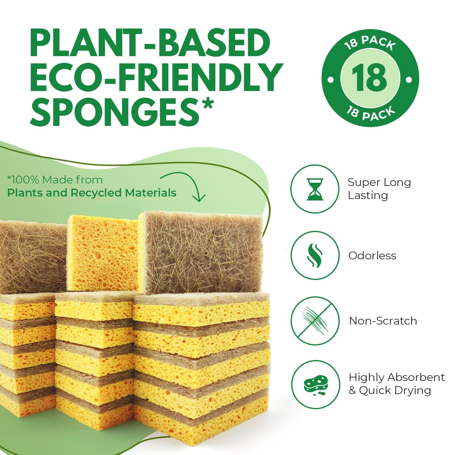 Natural Kitchen Sponges Pack Of 18 Biodegradable Cellulose And Coconut Husk Waln