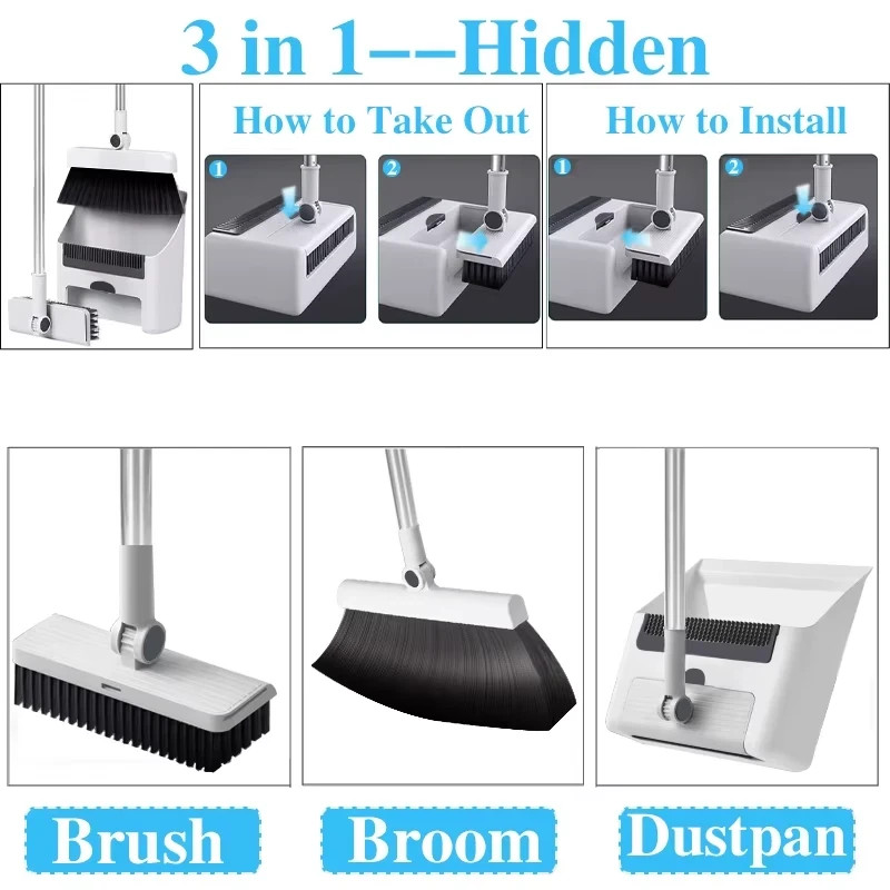 3-in-1 Foldable Broom Mop Dustpan Set Space Saving Cleaning Tool Home Office