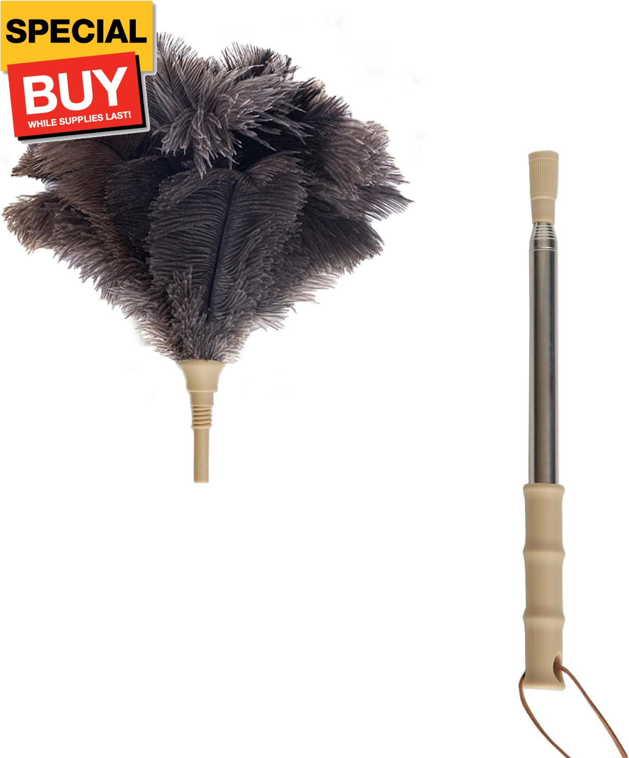 Ostrich Feather Duster with Extension Pole Up to 43 inch, Genuine Fluffy Natural