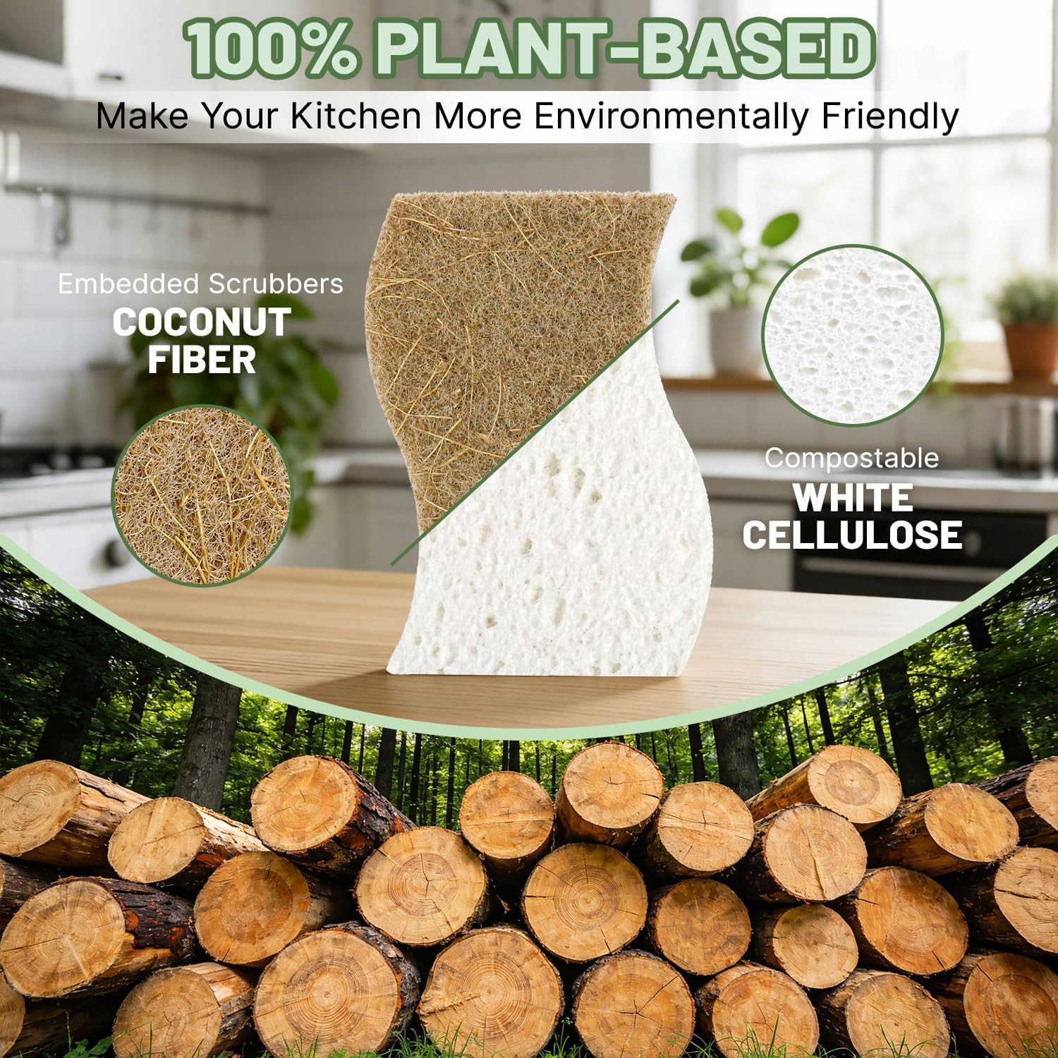 12 Pack Biodegradable Kitchen Dish Sponges, Natural Plant-Based Coconut Fiber