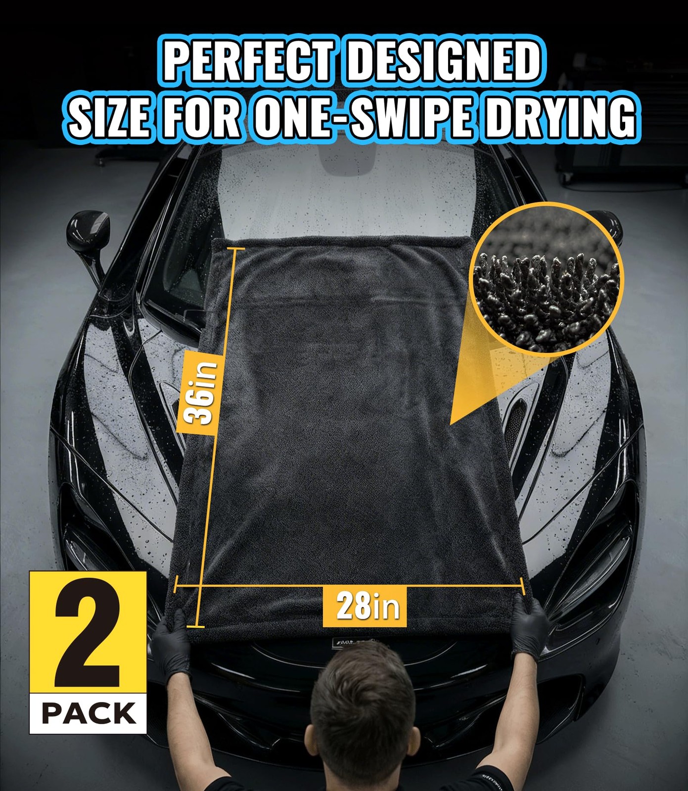2-Pack Car Drying Towels, 1300 GSM Microfiber Towels for Cars, 36″ x 28″ XL
