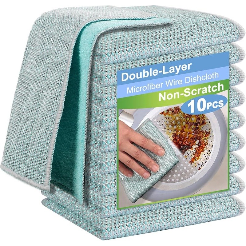 Dual-Sided Dishcloths Microfiber Silver Wire Mesh Non-Scratch Cleaning 10pcs New