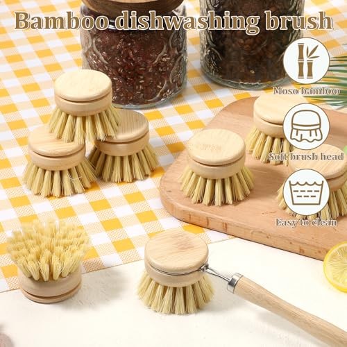 8 Pcs Bamboo Dish Brush with Handle, Natural Sisal Bristle Scrubber Includes 7
