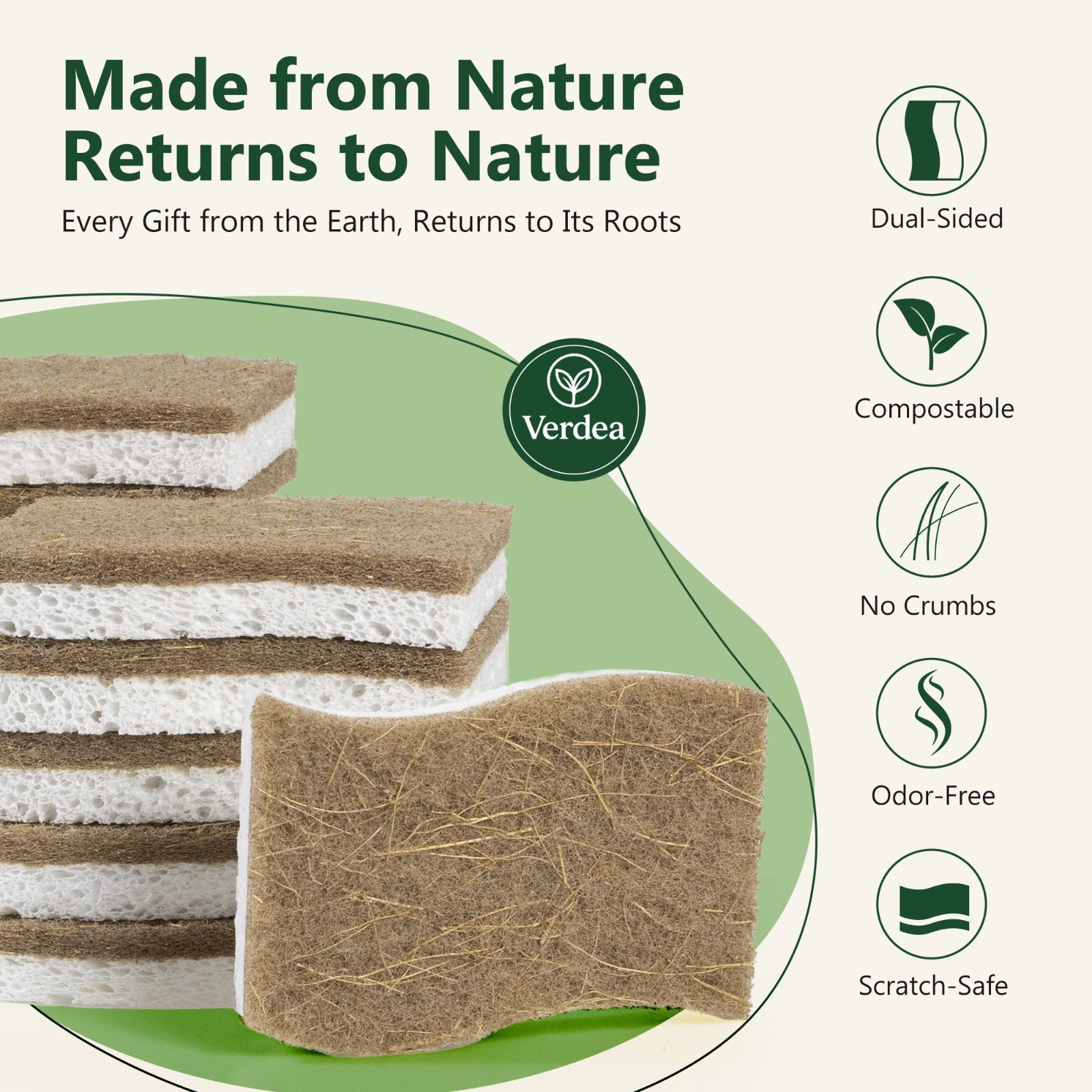 Verdea Natural Coconut Dish Sponges – Eco-Friendly Biodegradable Scrubbers