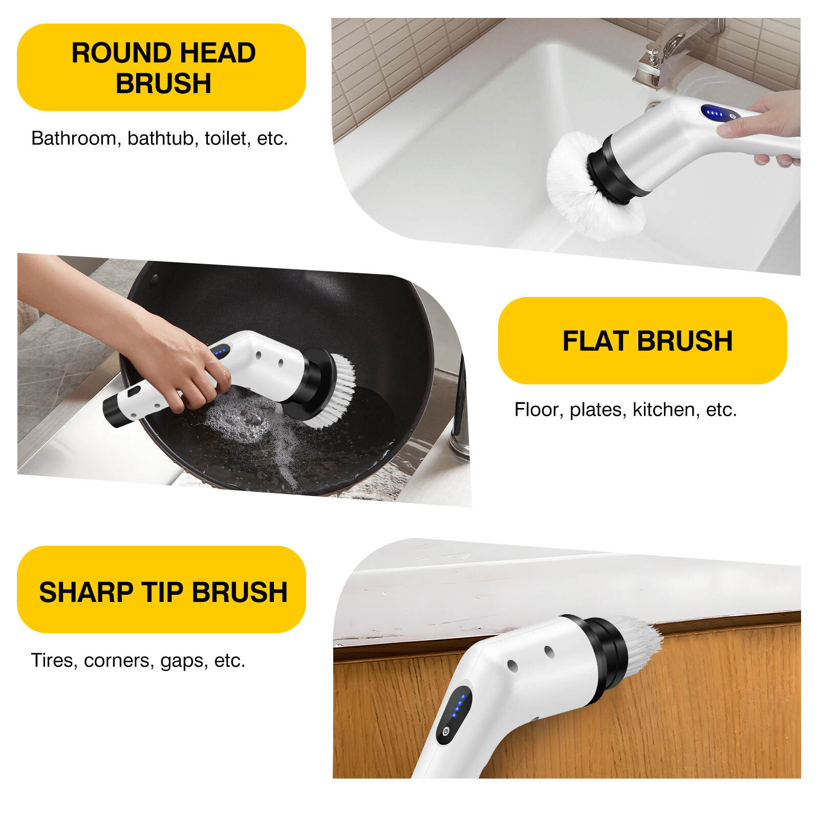 3IN1 Heads Electric Spin Scrubber Cordless Bathtub Power Scrubber Cleaning Brush